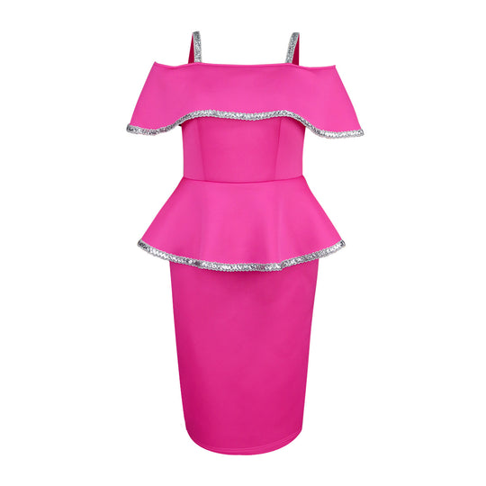 Damen elegantes Peplum-Kleid mit schulterfreiem Design und Glitzerdetails EB