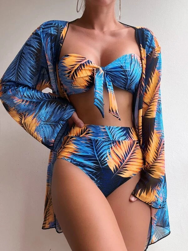 Damen Bandeau-Bikini mit floralem Design und passendem Kimono EB