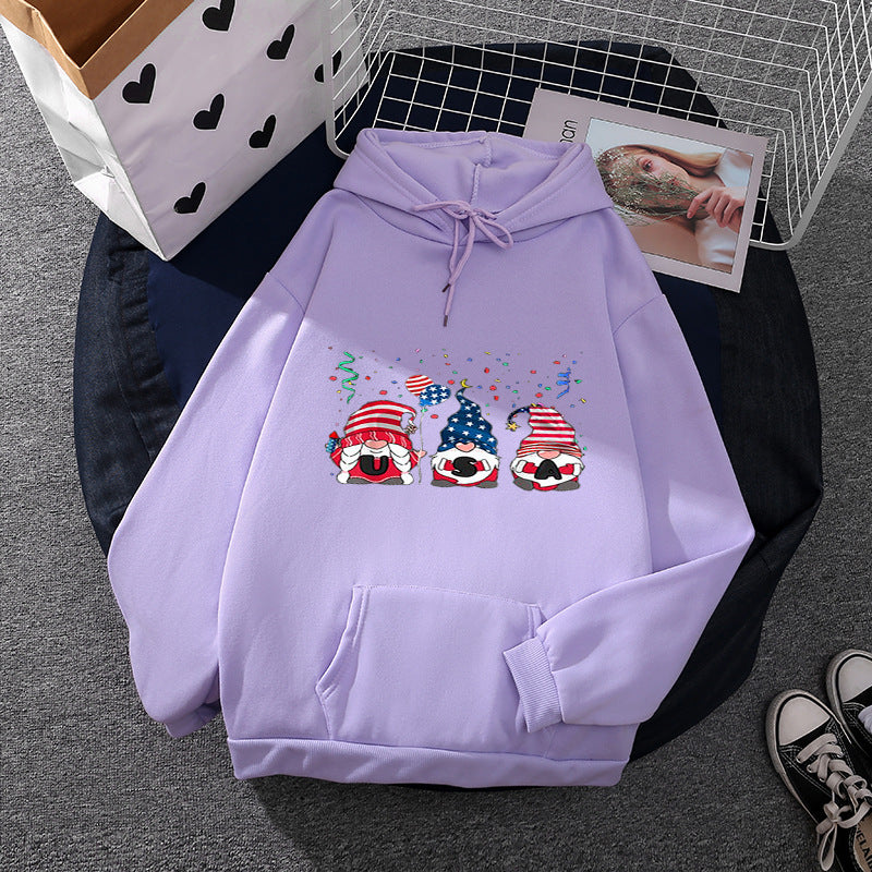 Damen nan Kapuzenpullover mit patriotischem Gartenzwerg-Print, angerautem Fleece-Innenfutter, Oversize-Schnitt und Kängurutasche EB