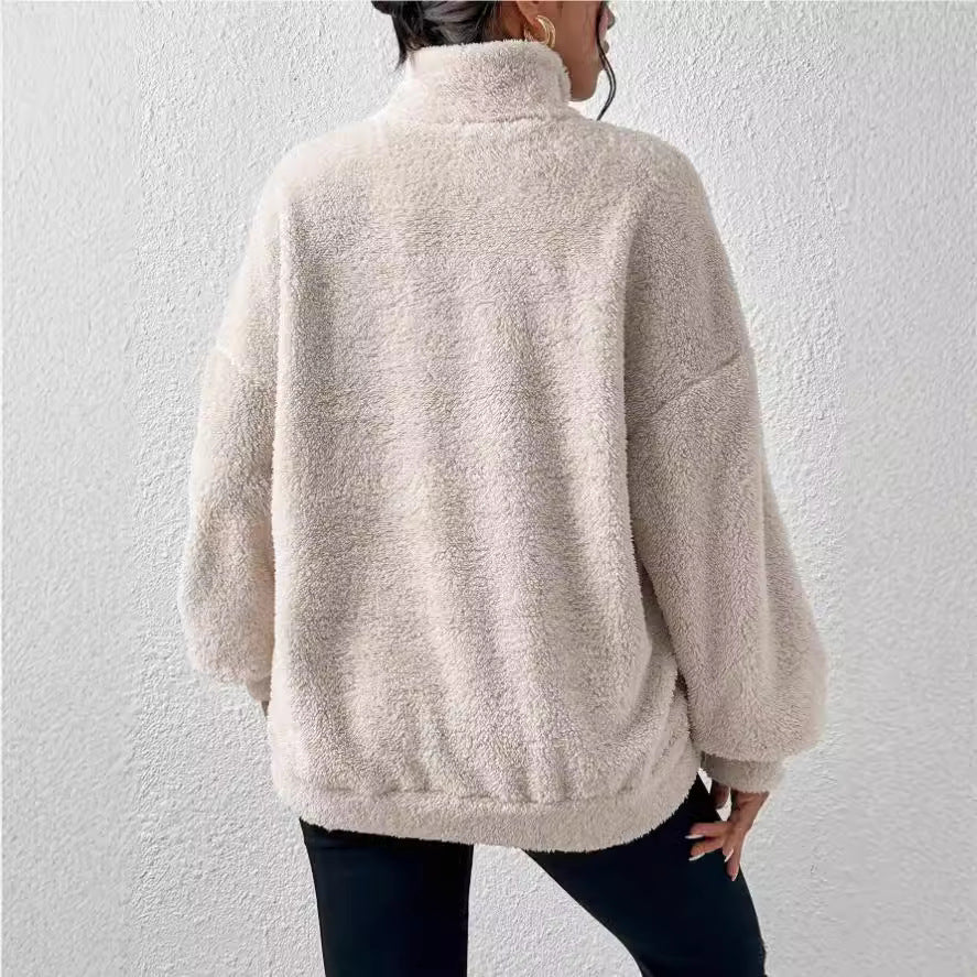 Damen Kuscheliger Fleece-Pullover mit Stehkragen und Eingrifftaschen EB