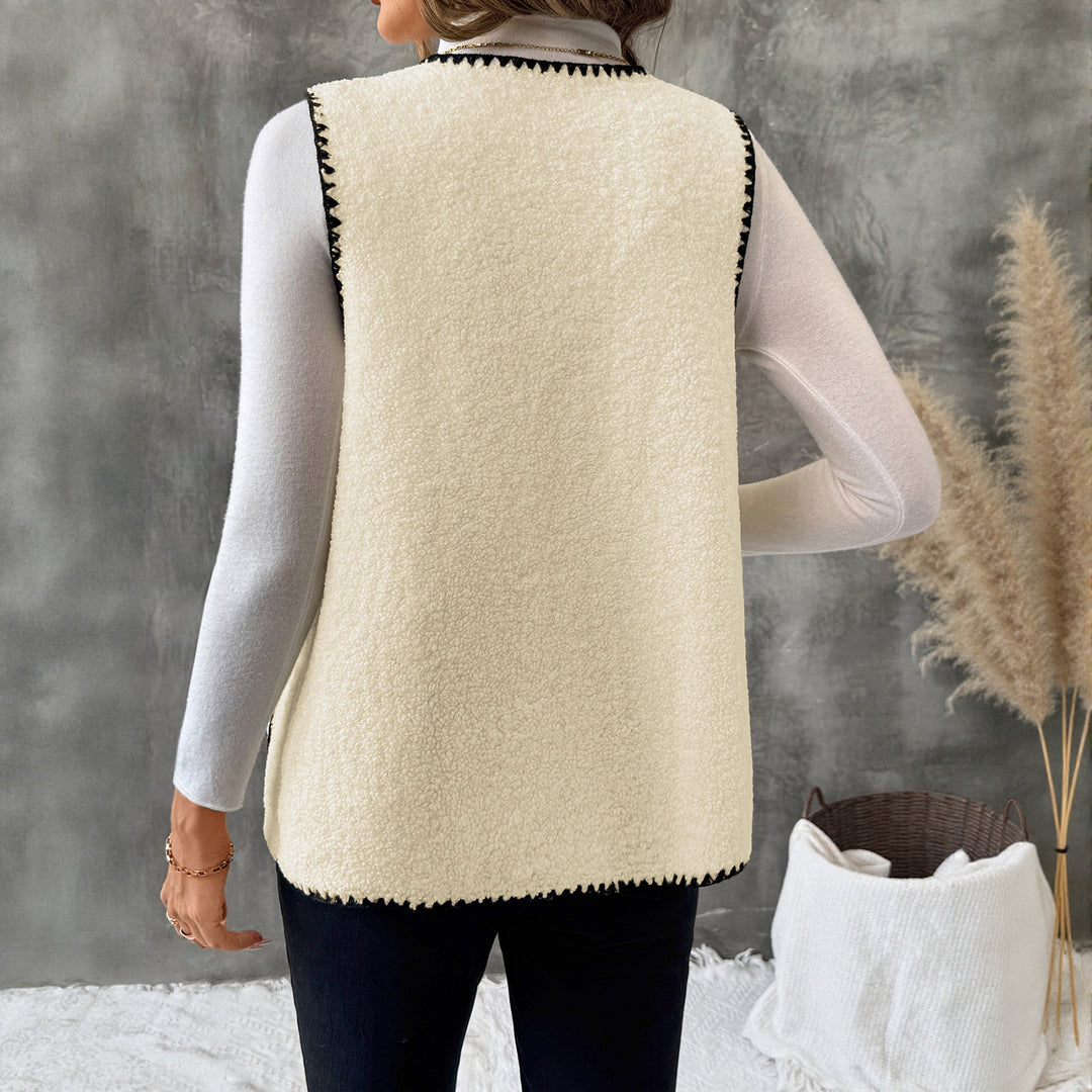Damen Ärmellose Teddyweste mit Kontrast-Ziernähten und aufgesetzten Taschen EB