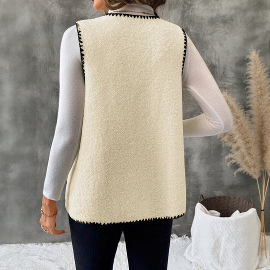 Damen Ärmellose Teddyweste mit Kontrast-Ziernähten und aufgesetzten Taschen EB