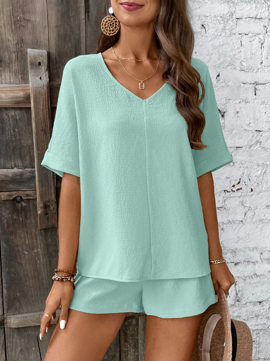 Damen Bequeme V-Ausschnitt Bluse mit Shorts EB
