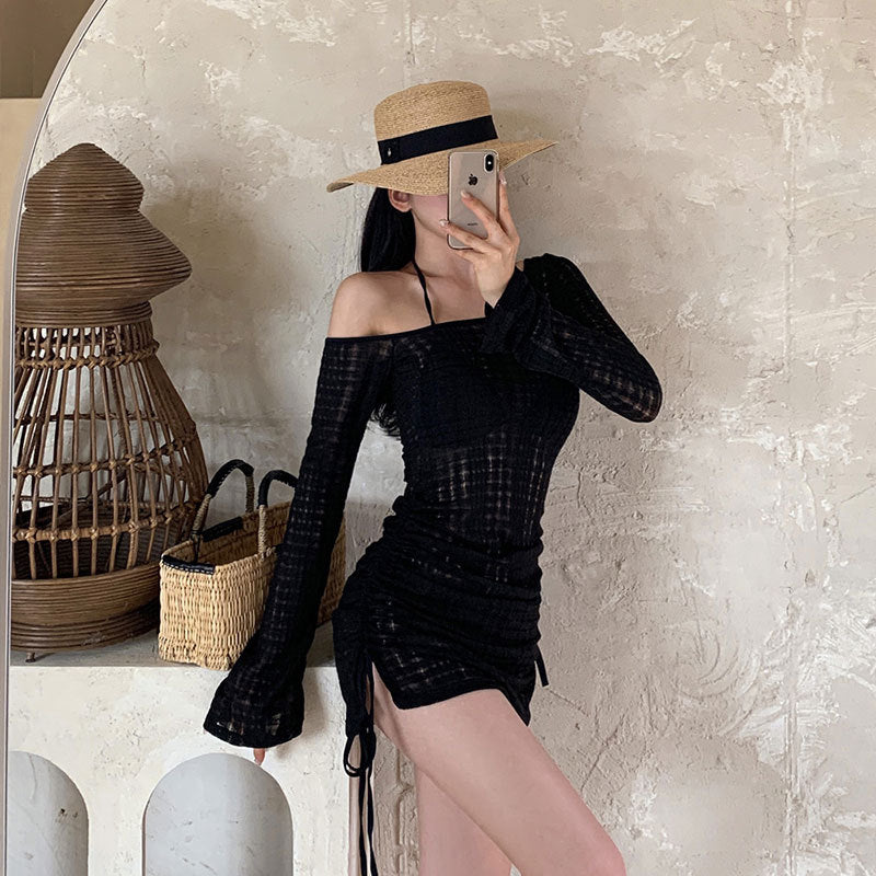 Damen Strandkleid mit transparentem Stoff und verstellbaren Rüschendetails EB