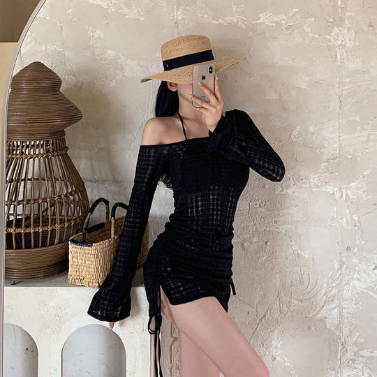 Damen Strandkleid mit transparentem Stoff und verstellbaren Rüschendetails EB