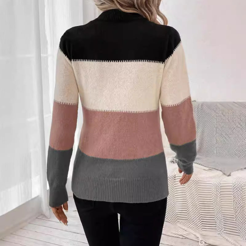 Damen modischer Strickpullover mit trendigem Blockstreifen und steigendem Kragen EB