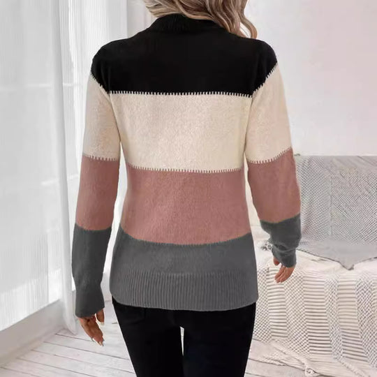 Damen modischer Strickpullover mit trendigem Blockstreifen und steigendem Kragen EB