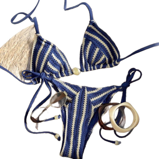 Damen Handgehäkelter Bikini mit maritimem Streifenmuster EB