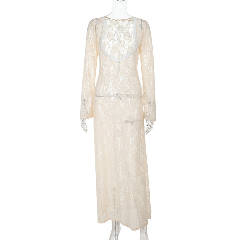 Damen elegantes Spitzenkleid mit tiefer Rückenansicht und langen Ärmeln EB