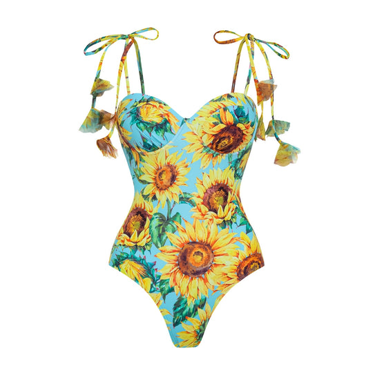 Damen Einseitiger Badeanzug mit floralen Applikationen EB