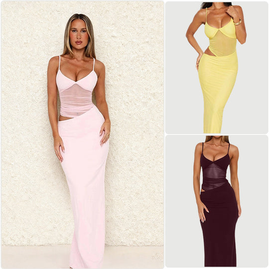Damen Elegantes Maxikleid mit transparentem Oberteil und figurbetontem Schnitt EB