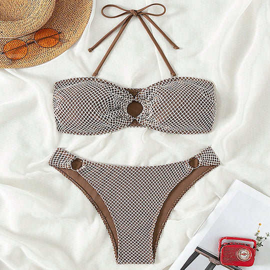 Damen Bandeau-Bikini mit strukturiertem Netzdesign und modischen Ösen EB