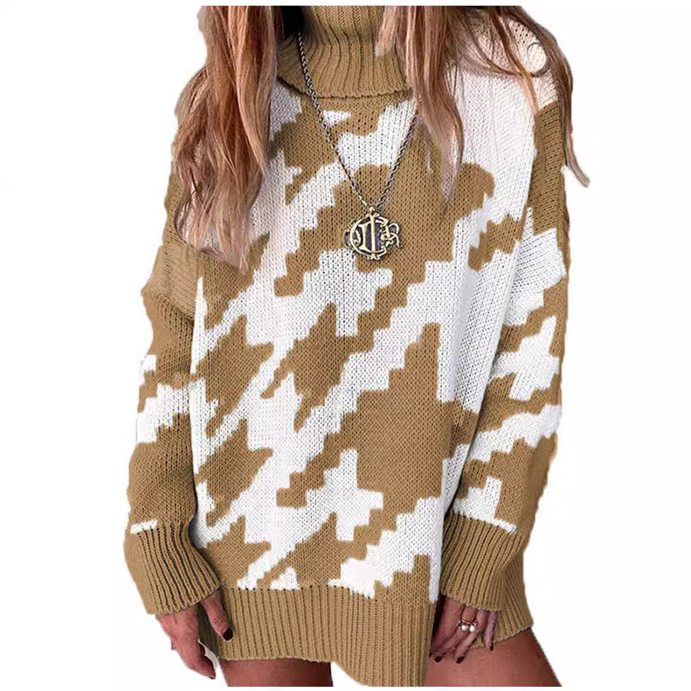 Damen Grobstrickpullover mit hohem Kragen und modernem geometrischen Muster EB