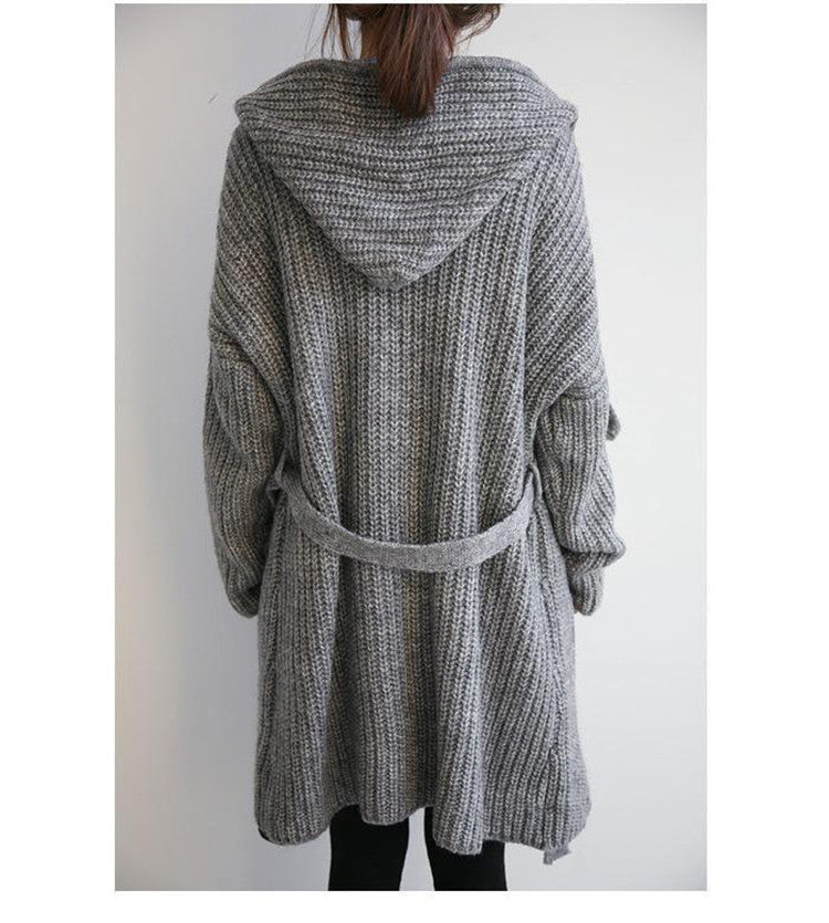 Damen Hüttenstrickmantel mit Gürtel und großen Taschen EB