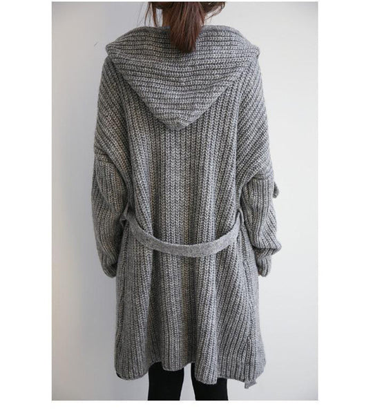 Damen Hüttenstrickmantel mit Gürtel und großen Taschen EB