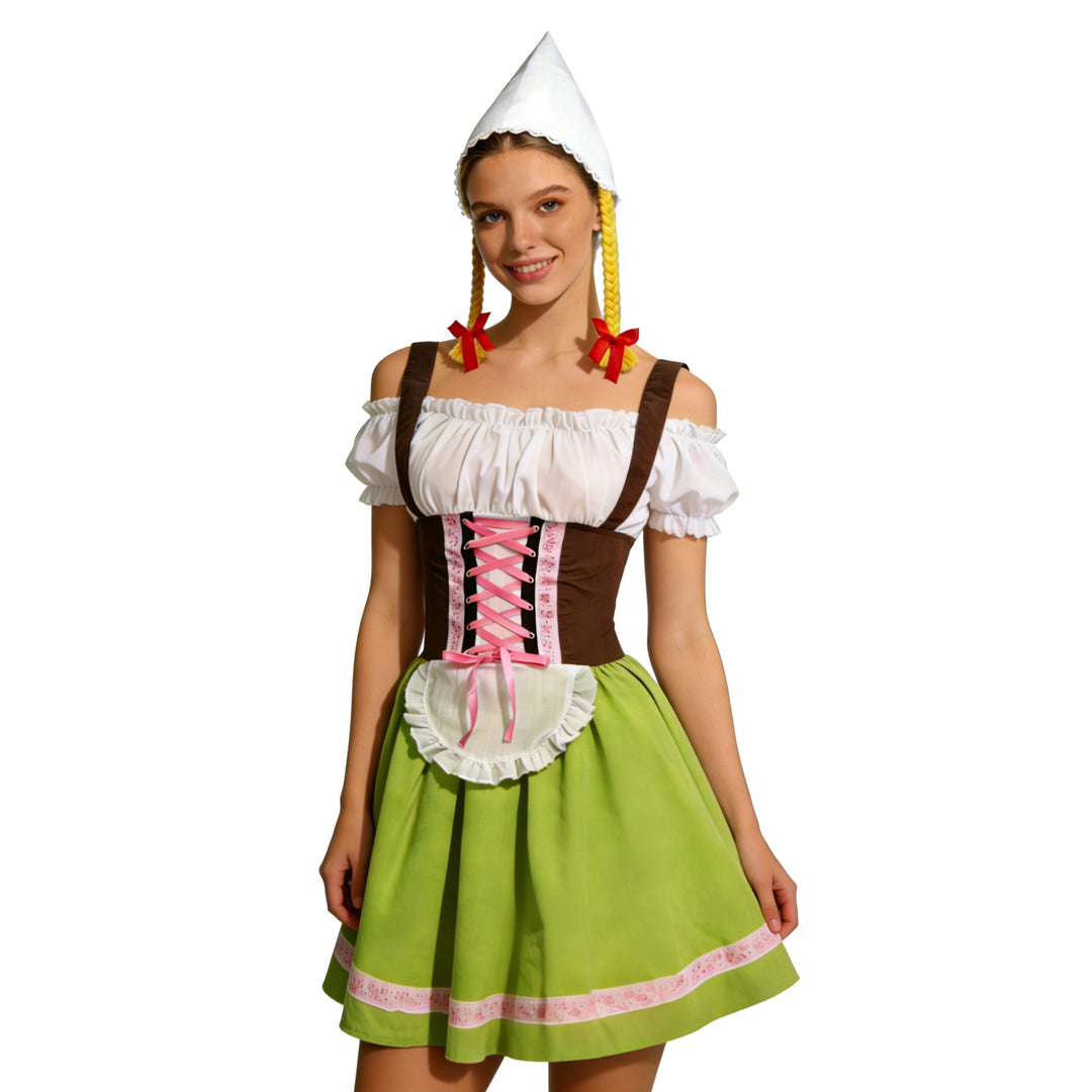 Damen nan traditionelles Dirndl-Kostüm mit Schnürung, Schürze und spitzem Kopftuch EB