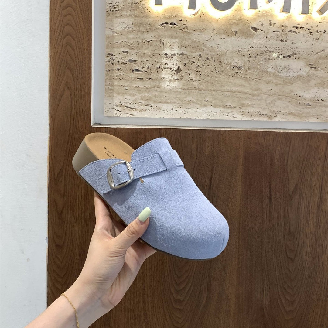 Damen bequeme Clogs mit dekorativem Schnallenverschluss und hochwertigem Veloursleder EB