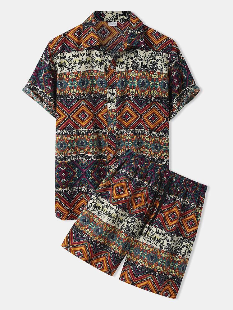Damen kurzärmliges Ferienhemd mit buntem Muster und bequemen Shorts EB