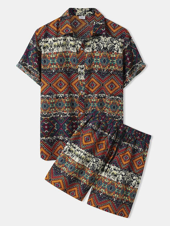 Damen kurzärmliges Ferienhemd mit buntem Muster und bequemen Shorts EB