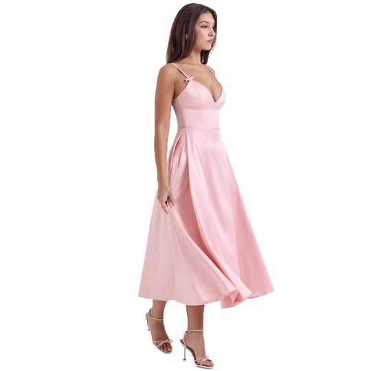 Damen Midikleid mit elegantem V-Ausschnitt und schwingendem Rock EB