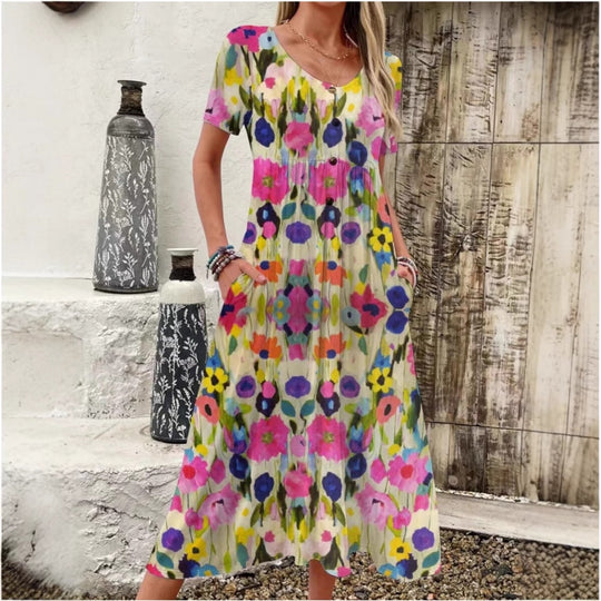 Damen Maxi-Kleid mit floralem Design und praktischen Taschen EB