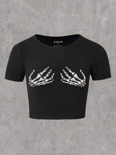 Damen Cropped T-Shirt mit kreativem Skelettdesign EB