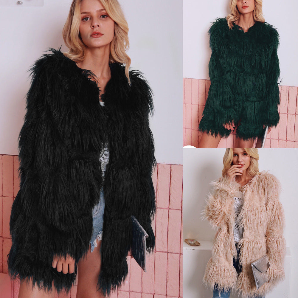 Damen Furry Teddyjacke mit modernem Schnitt und langem Fell EB
