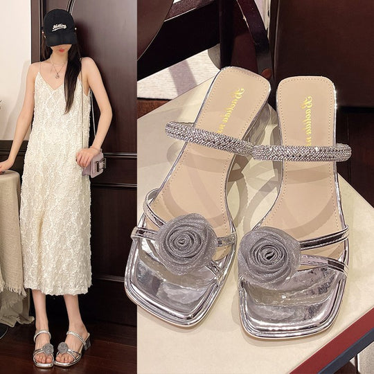 Damen elegante Sandalen mit transparentem Blockabsatz und floralem Schmuck EB