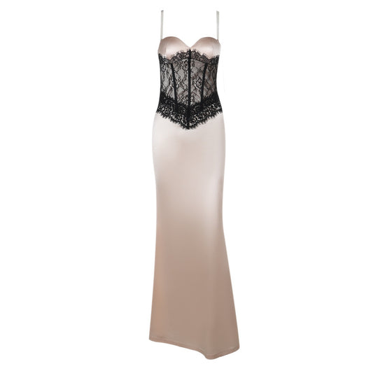Damen elegantes Korsett-Maxikleid mit Spitzenoberteil EB