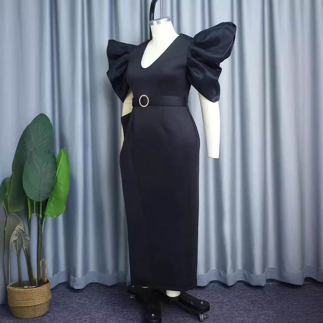 Damen elegantes Abendkleid mit voluminösen Puffärmeln und tailliertem Gürtel EB