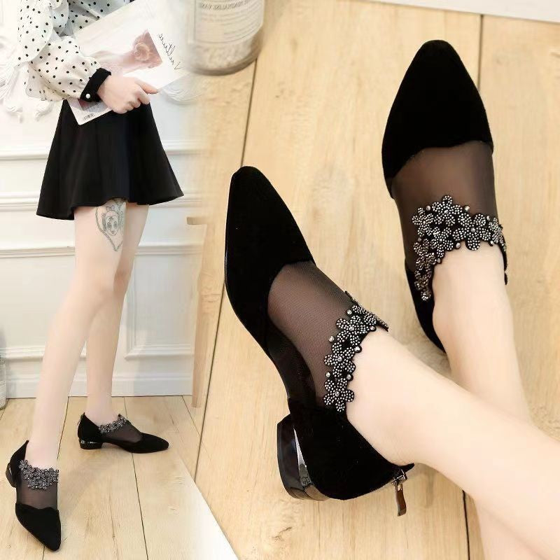 Damen elegante Ballerinas mit durchsichtigen Einsätzen und dekorativem Schmuck EB