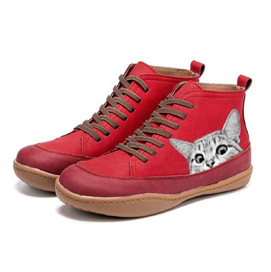 Damen nan knöchelhohe Sneaker mit niedlichem Katzenmotiv Stickerei und ergonomischem Komfortfußbett EB