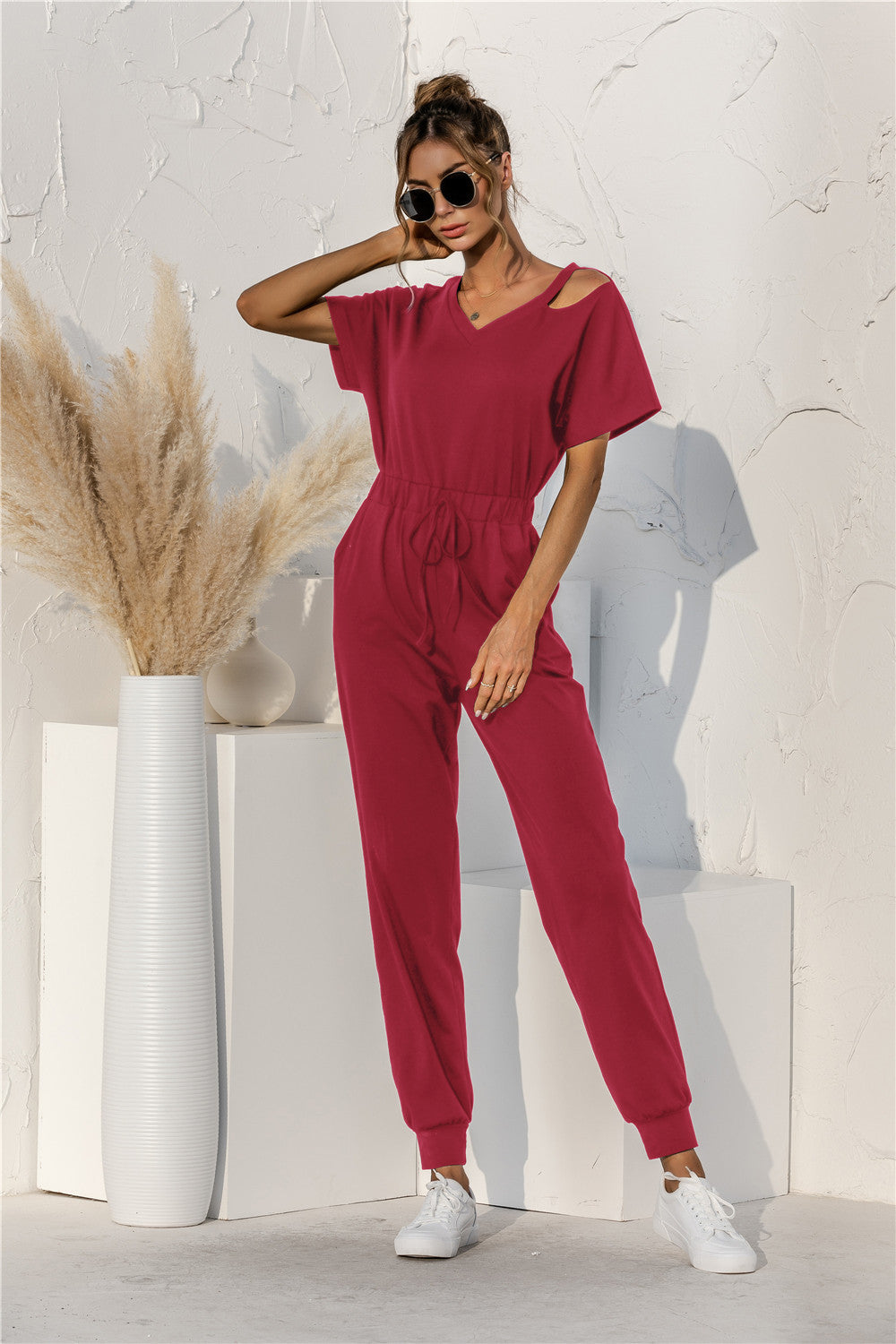 Damen Relaxed Fit Overall mit Kordelzug und Schulterfreies Design EB