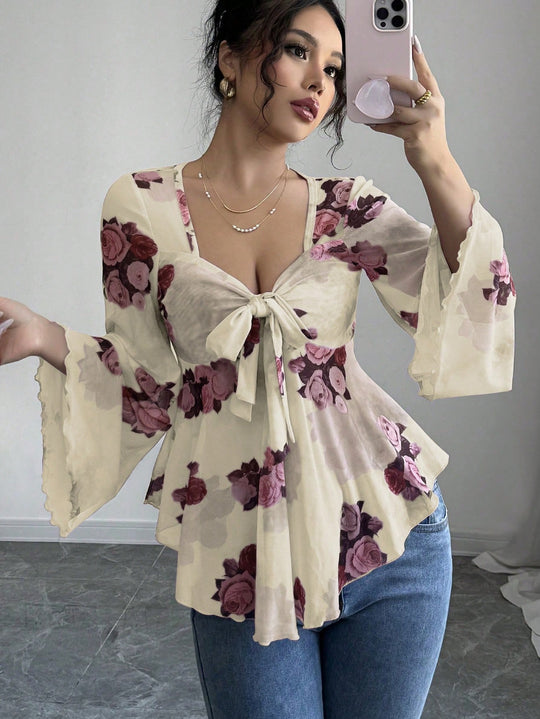 Damen luftige Bluse mit Blumenmuster EB