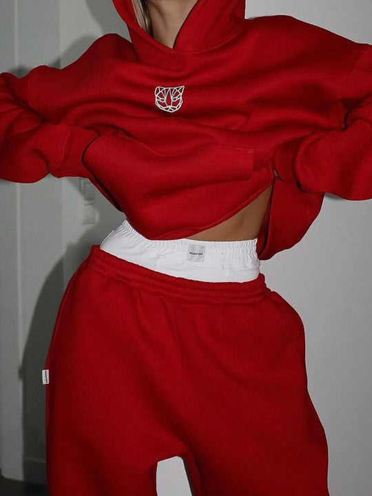 Damen Cropped Kapuzenpullover und weite High-Waist Jogginghose Set EB