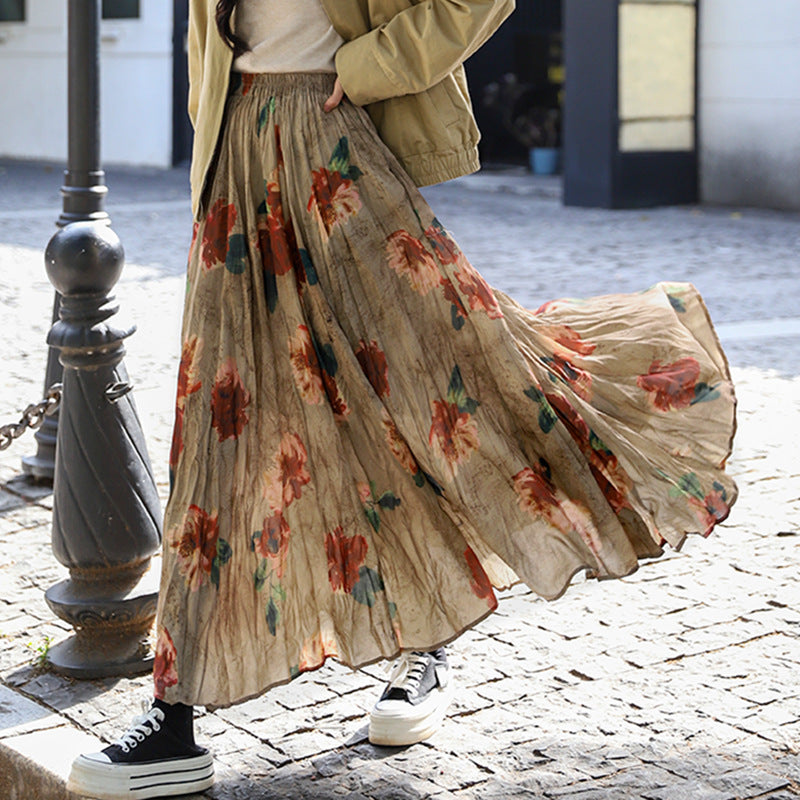 Damen  fein gefalteter Midirock mit Vintage Blumenprint und elastischem Taillenbund EB