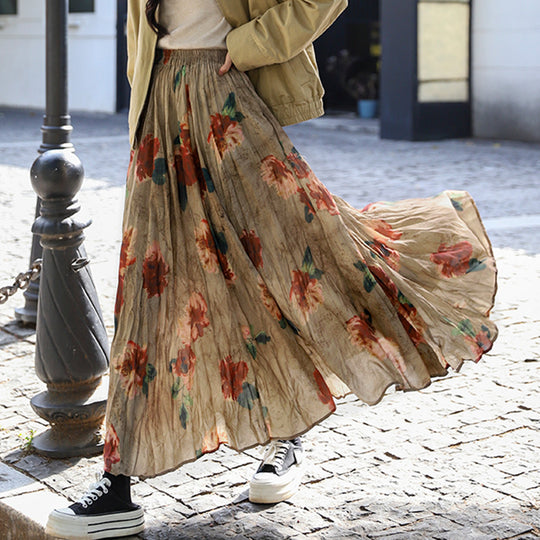 Damen  fein gefalteter Midirock mit Vintage Blumenprint und elastischem Taillenbund EB