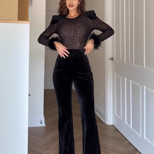 Damen Elegante und modische Bluse mit Pailletten und ausgestellten Ärmel EB