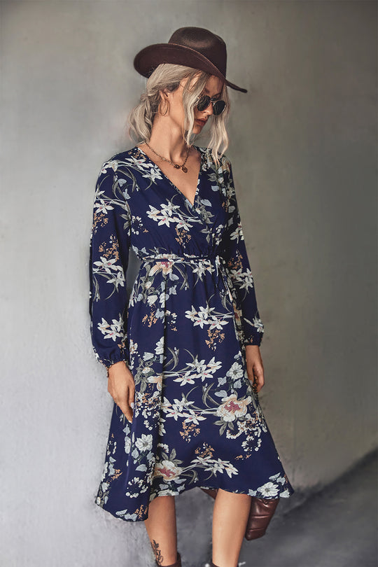 Damen Midi-Kleid mit elegantem floralem Design und tailliertem Gürtel EB