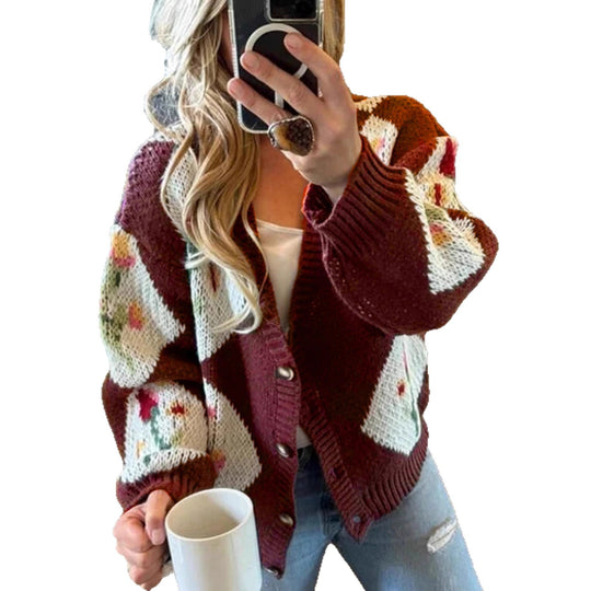 Damen Strickjacke mit floralem Muster und dekorativem Knopfdesign EB