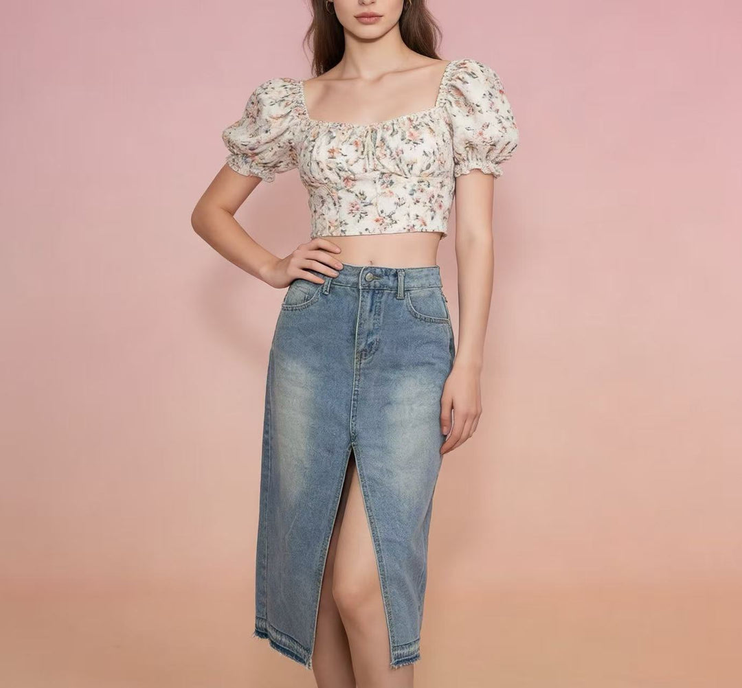 Damen Midi-Denim-Rock mit hohem Schlitz und fransigem Saum EB