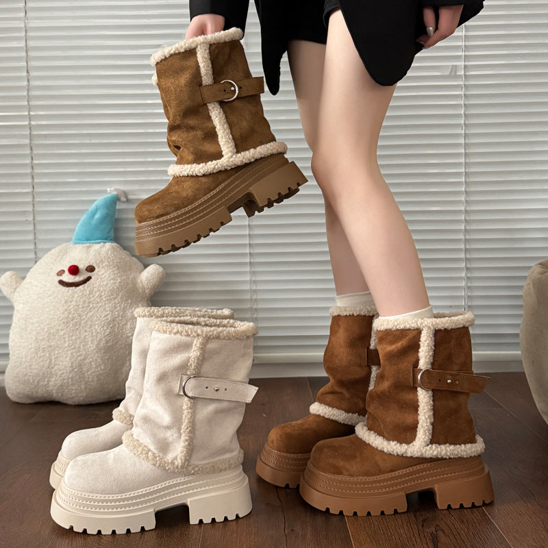 Damen kuschelige Winterstiefel mit modischer Schnallenverzierung EB
