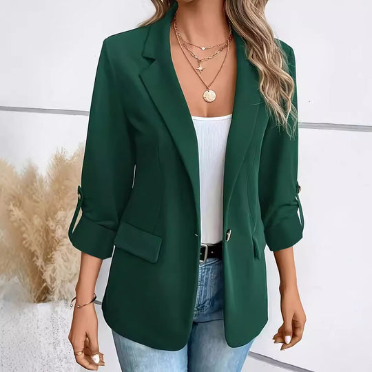 Damen nan taillierter Business-Blazer mit verkürzten Ärmeln umgeschlagenen Manschetten und dekorativen Knöpfen EB