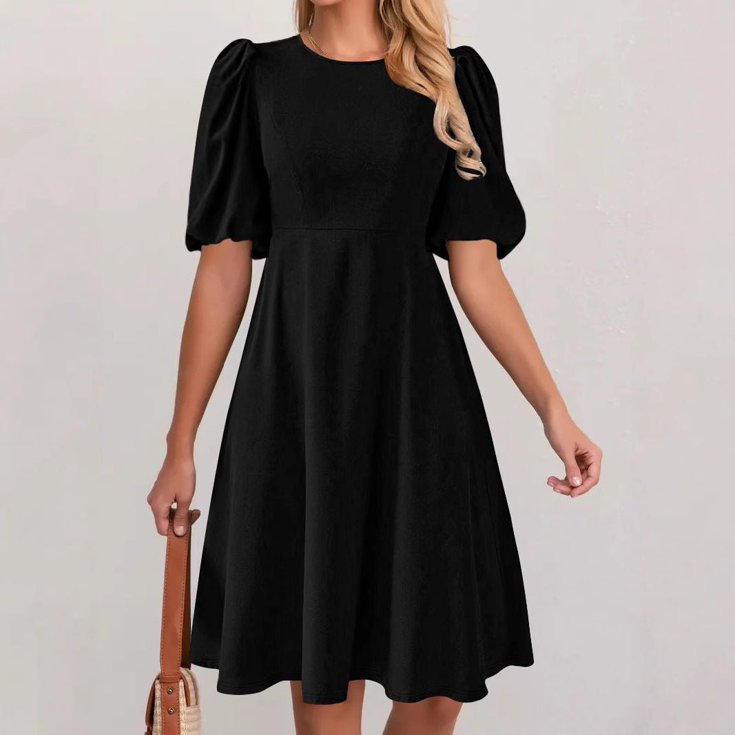 Damen Puffärmel Kleid mit fließendem Schnitt und Taillenbetonung EB