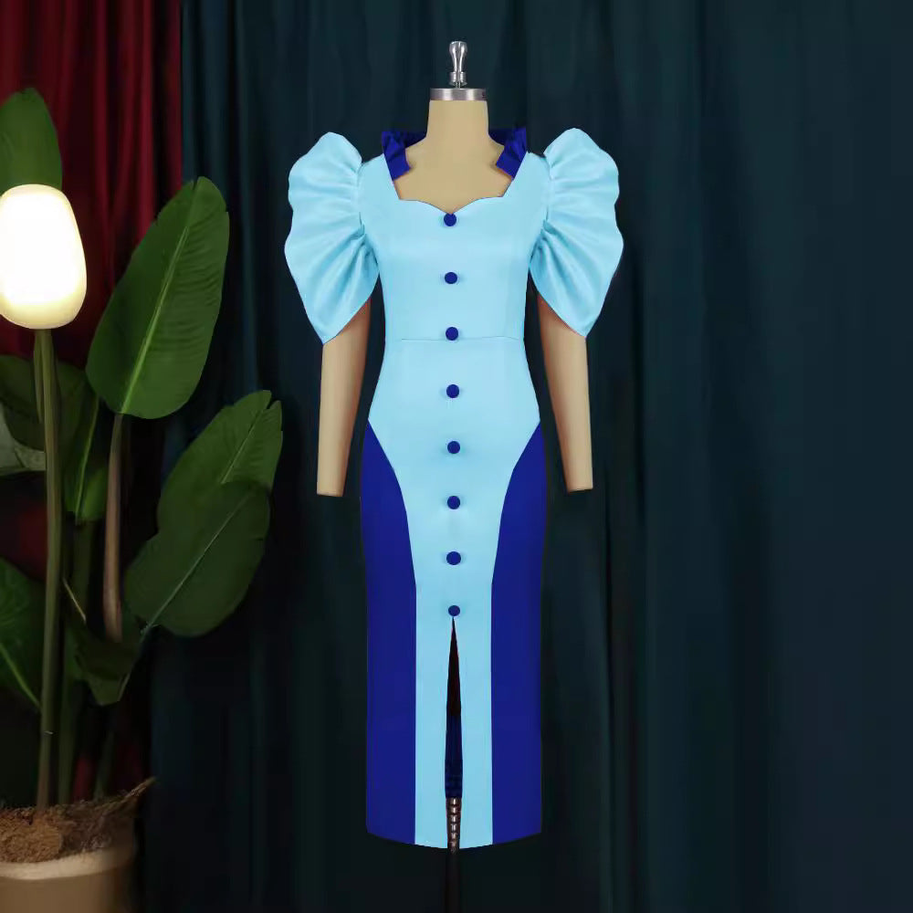 Damen Cocktailkleid mit voluminösen Puffärmeln und elegantem Schlitz EB