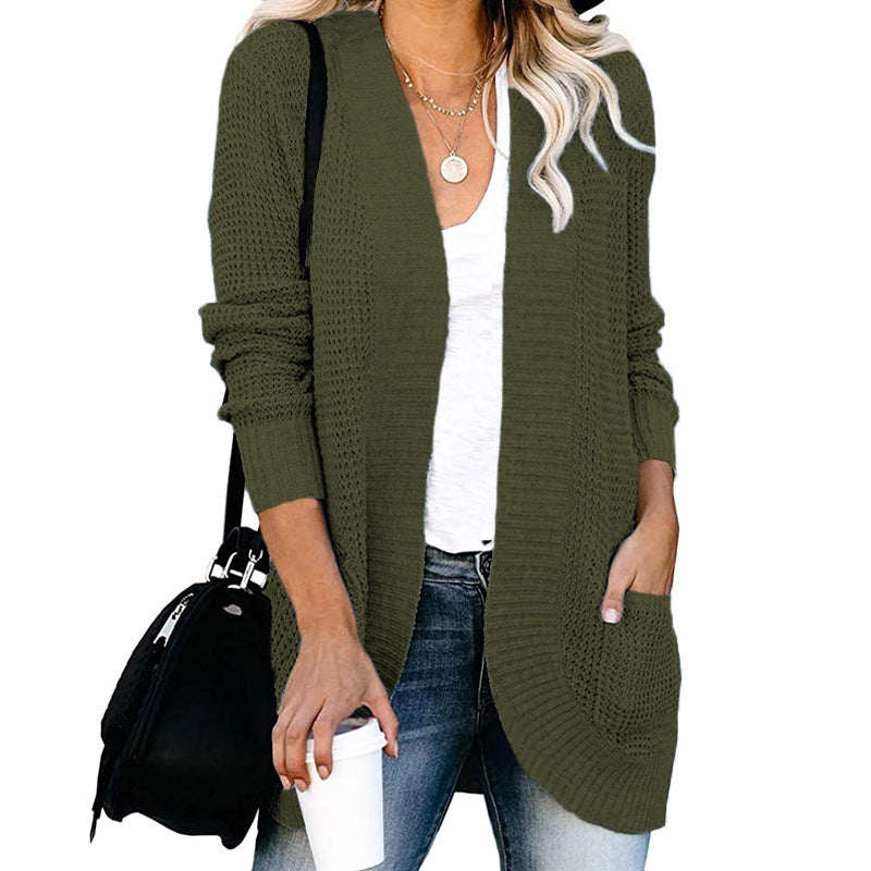 Damen lässige Strickjacke mit offenen Ärmeln und großen Taschen EB