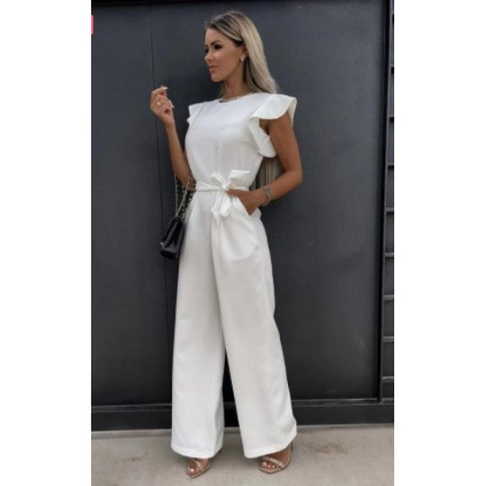 Frauen Fließender Weitbeiniger Jumpsuit mit Rüsche Ärmel EB