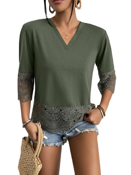 Damen T-Shirt mit Spitzenbesatz und V-Ausschnitt EB