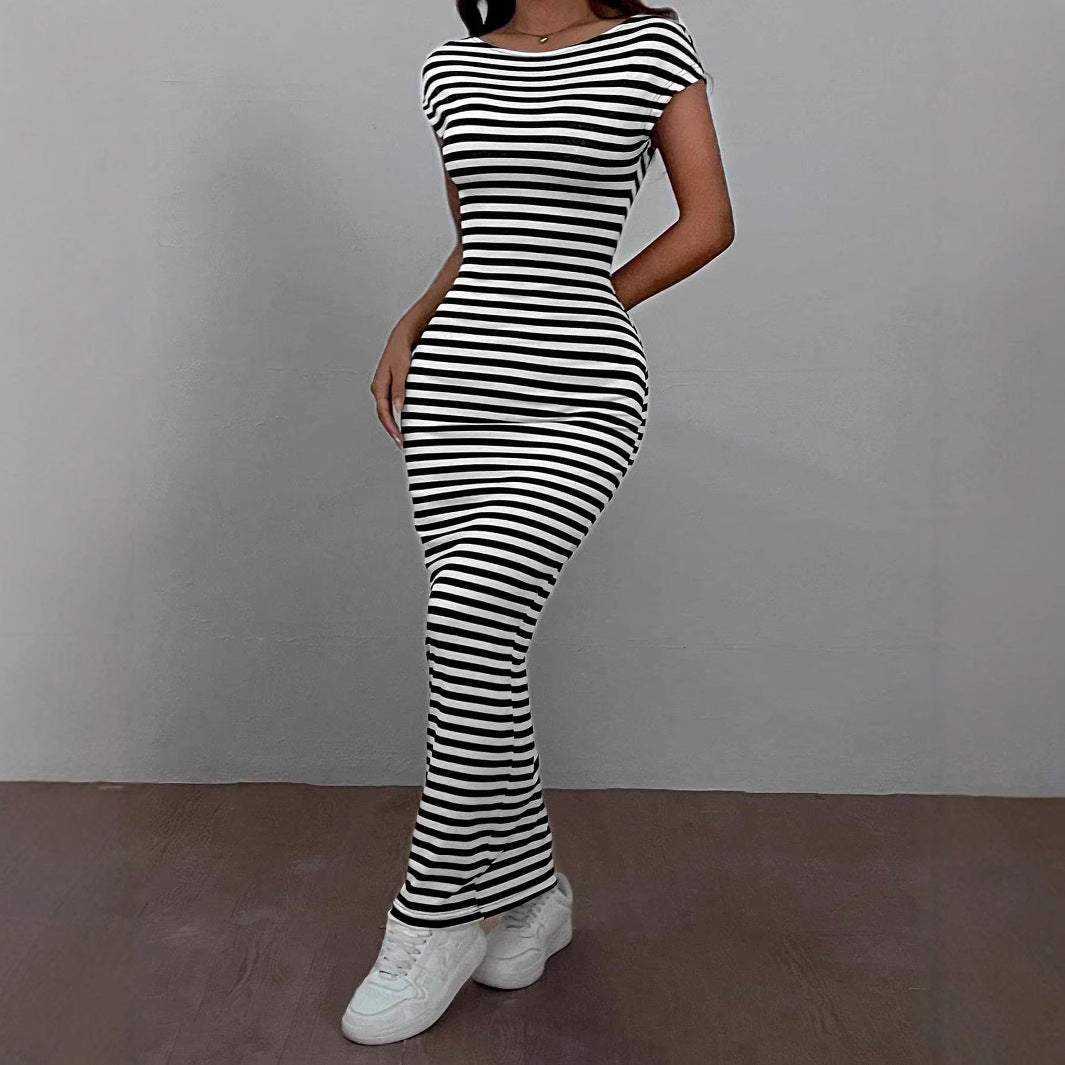 Damen Maxikleid mit offenem Rücken und Stripes EB