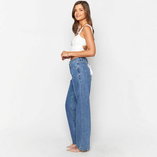 Damen Hoch taillierte Bootcut-Jeans mit weitem Bein und dehnbarer Passform EB